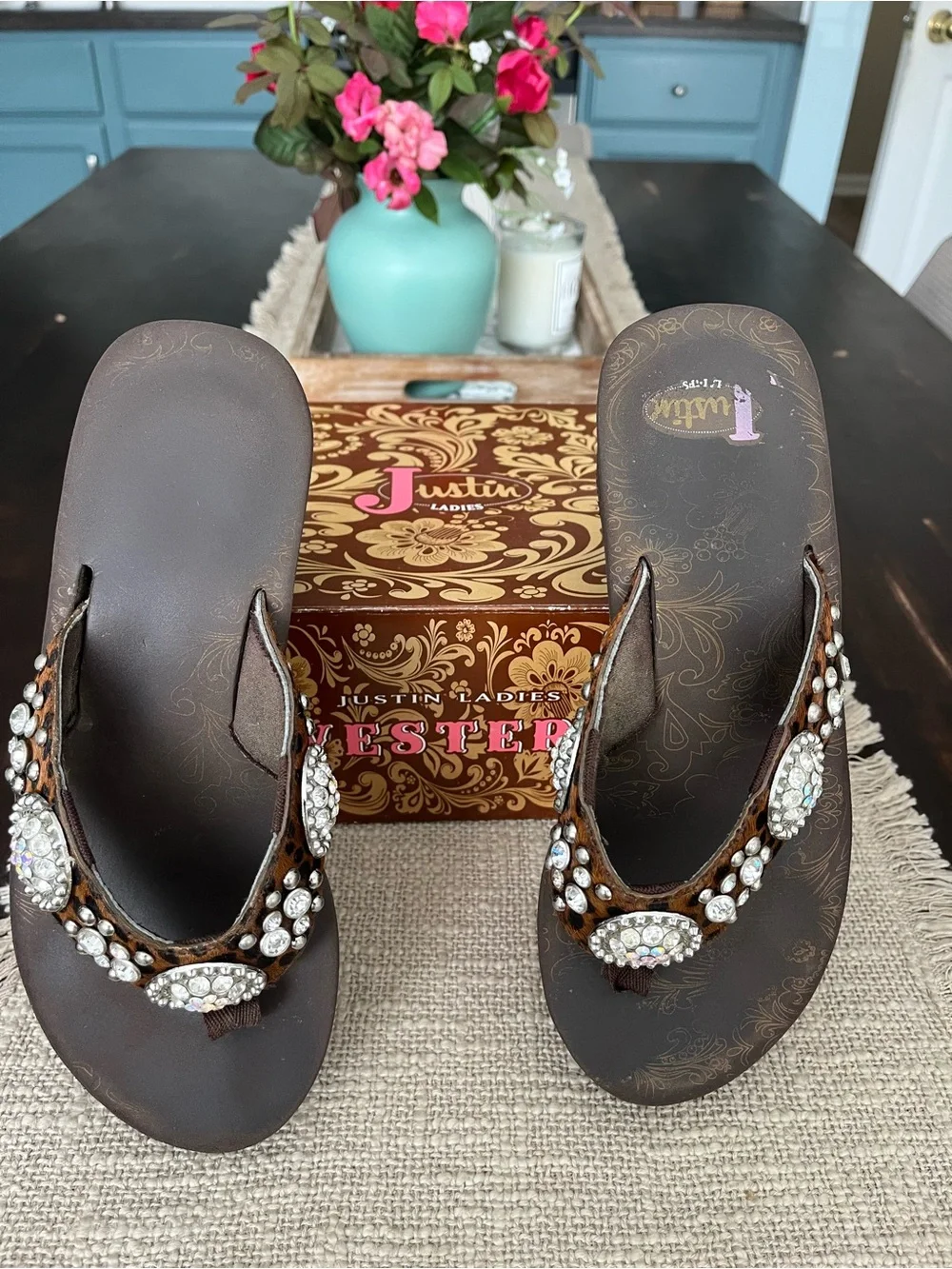 Brown Leopard Platform flip flops with Crystal Medallions